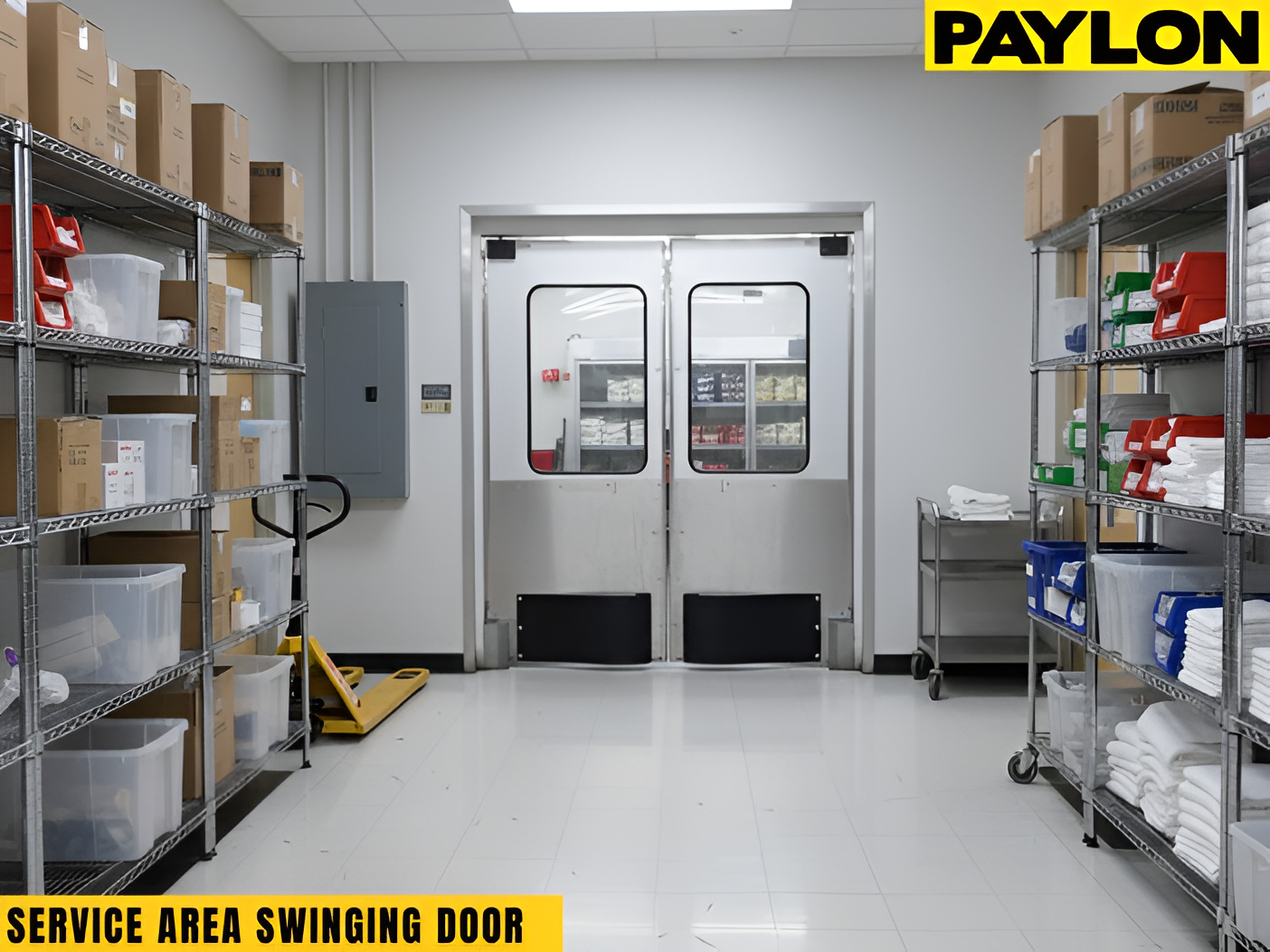 Double swinging doors with vision panels used in a service area with shelving and carts