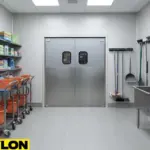 Durable swinging doors installed in a commercial cleaning room with organized equipment storage