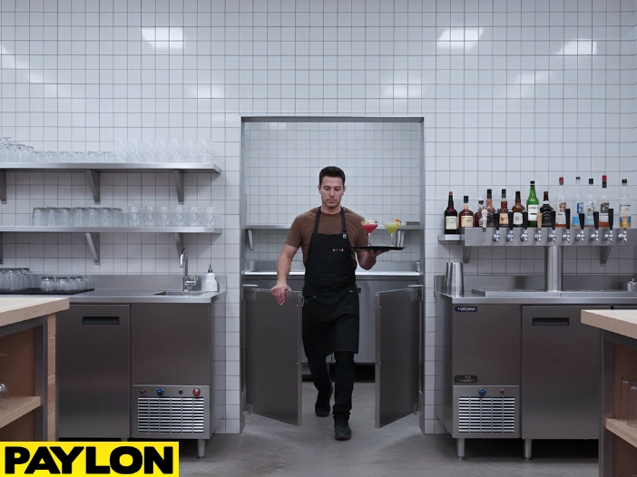 Employee walking through double swinging doors in a commercial bar, showing smooth movement between front and back service areas.
