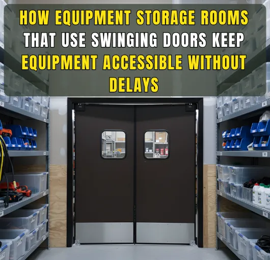 Equipment storage room with double swinging doors showing how access stays efficient during daily use