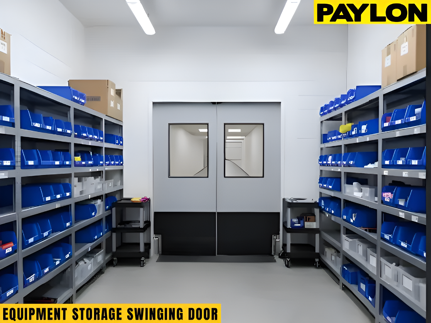 Equipment storage room with gray double swinging doors positioned between organized shelving units