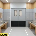 Exhibit room swinging doors creating smooth transitions between gallery displays