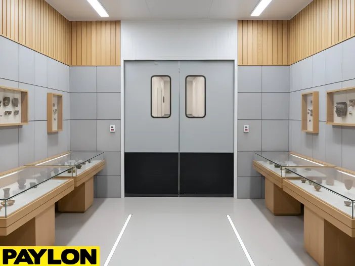 Exhibit room swinging doors creating smooth transitions between gallery displays