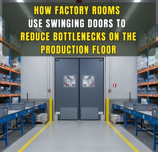 “Factory room swinging door on production floor, illustrating smooth traffic flow to reduce bottlenecks in warehouse areas.”