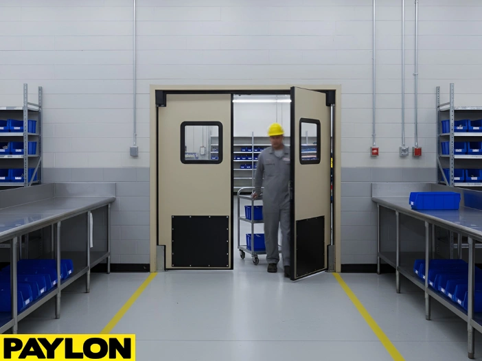 “Factory room swinging door with worker pushing materials, demonstrating two-way traffic efficiency on the production floor.”