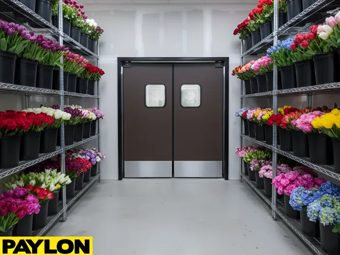 Floral storage cooler showing shelving of fresh flowers and commercial doors used during constant daily access