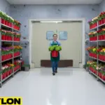 Florist carrying flowers inside a walk-in floral cooler with shelving and high-traffic access doors