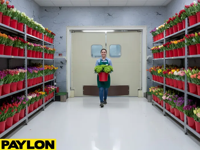 Florist carrying flowers inside a walk-in floral cooler with shelving and high-traffic access doors