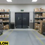Front-facing view of gray double swinging door in mail room with packages on carts, clean floor marking workflow path