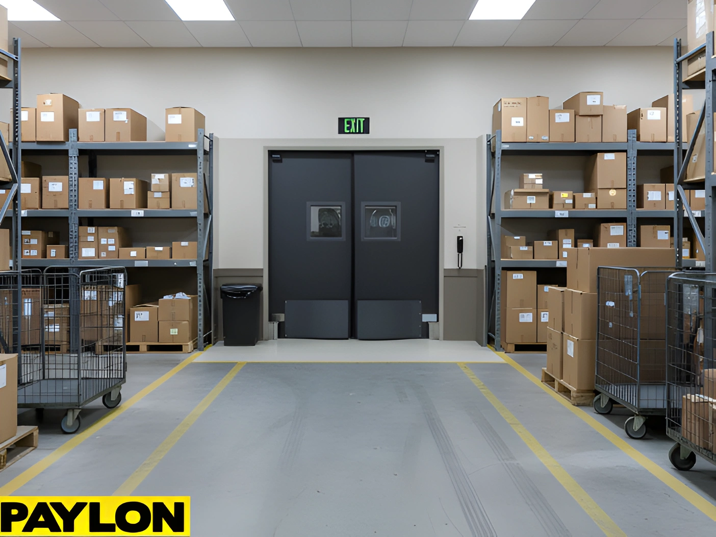 Front-facing view of gray double swinging door in mail room with packages on carts, clean floor marking workflow path
