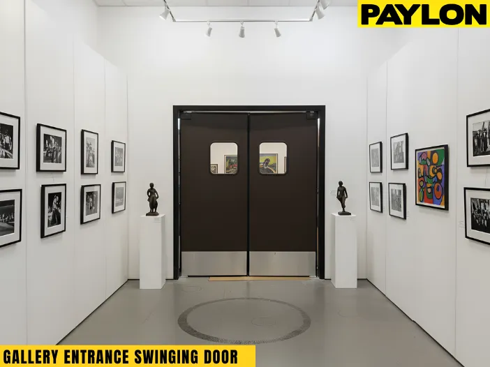 Gallery entrance swinging doors centered between framed artwork during normal visiting hours