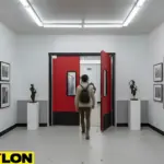 Gallery entrance swinging doors open as a visitor enters during busy visiting hours