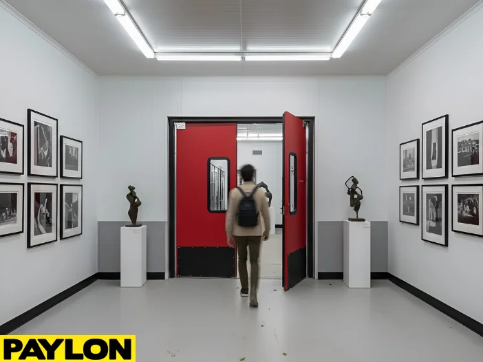 Gallery entrance swinging doors open as a visitor enters during busy visiting hours