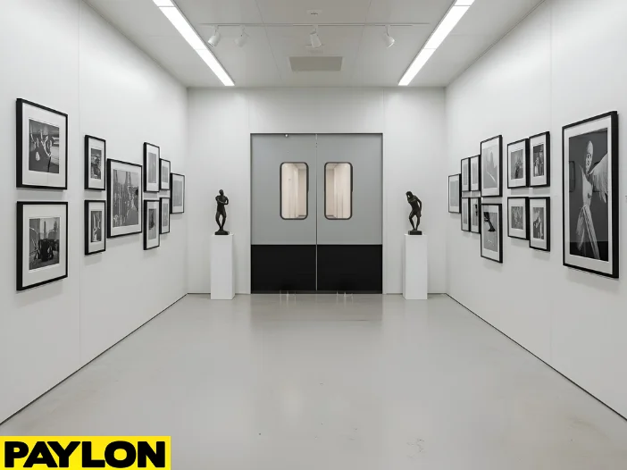 Gallery entrance with swinging doors designed for smooth two way visitor movement