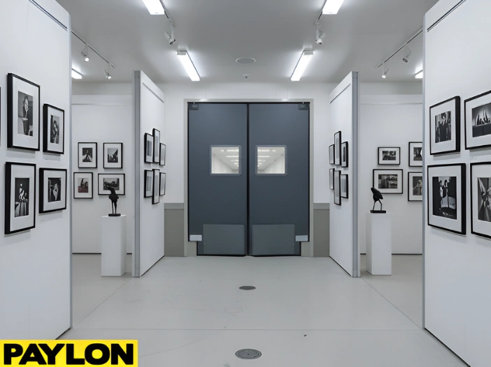 Gallery hallway with swinging entrance doors supporting movement between exhibit areas