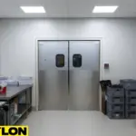 Gray double swinging door in a mid-size printing room, surrounded by printing materials and carts for active workflow