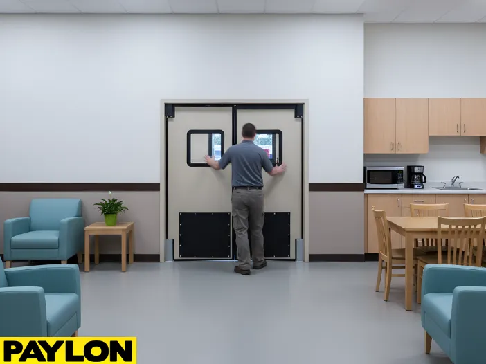 Hands-free swinging doors supporting smooth movement between exhibit rooms