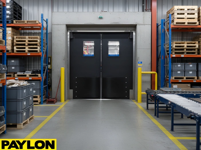 “Heavy-duty black factory room swinging door with vision panels for high-traffic areas and equipment movement.”
