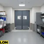 Heavy-duty swinging doors in a medical or commercial staff area with sinks and storage cabinets
