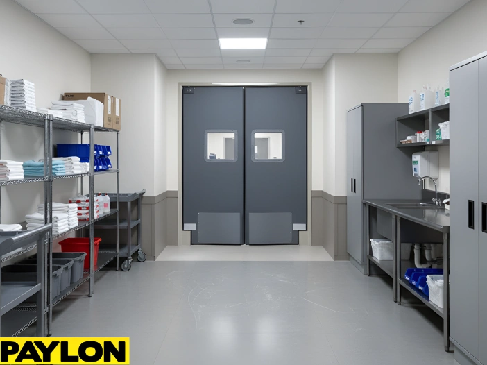 Heavy-duty swinging doors in a medical or commercial staff area with sinks and storage cabinets