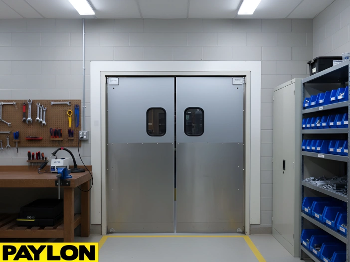 Heavy-duty swinging doors installed in a maintenance shop corridor