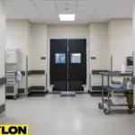 Heavy-use nursing home swinging doors supporting carts and daily service traffic