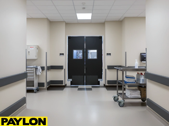 Heavy-use nursing home swinging doors supporting carts and daily service traffic