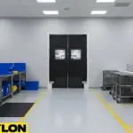 “High-traffic factory room swinging door providing quick access for staff handling bins and production materials.”