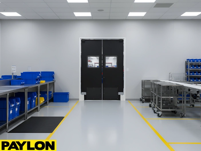 “High-traffic factory room swinging door providing quick access for staff handling bins and production materials.”