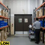 Industrial staff area swinging doors in a warehouse aisle with shelving and supply bin