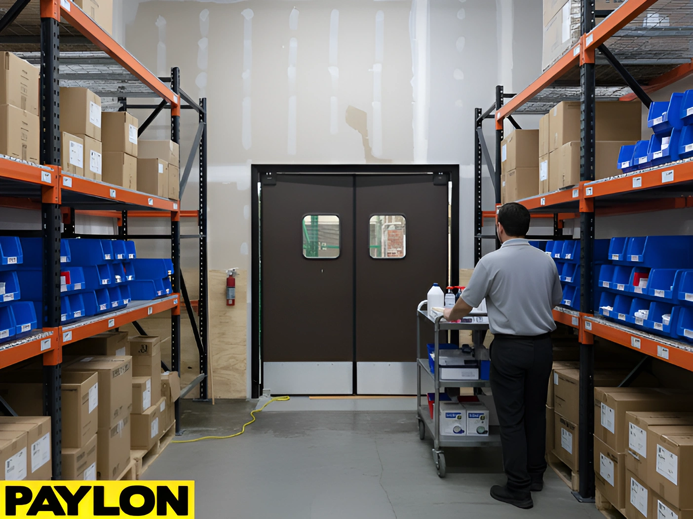 Industrial staff area swinging doors in a warehouse aisle with shelving and supply bin