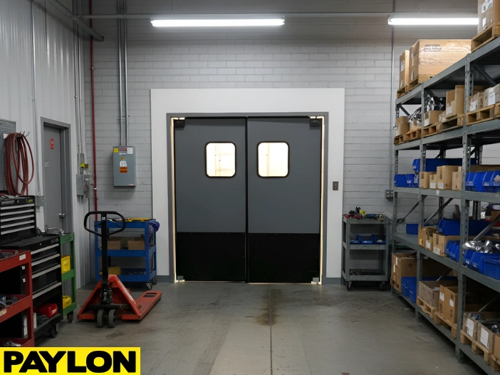 Industrial swinging doors supporting equipment movement in a maintenance shop