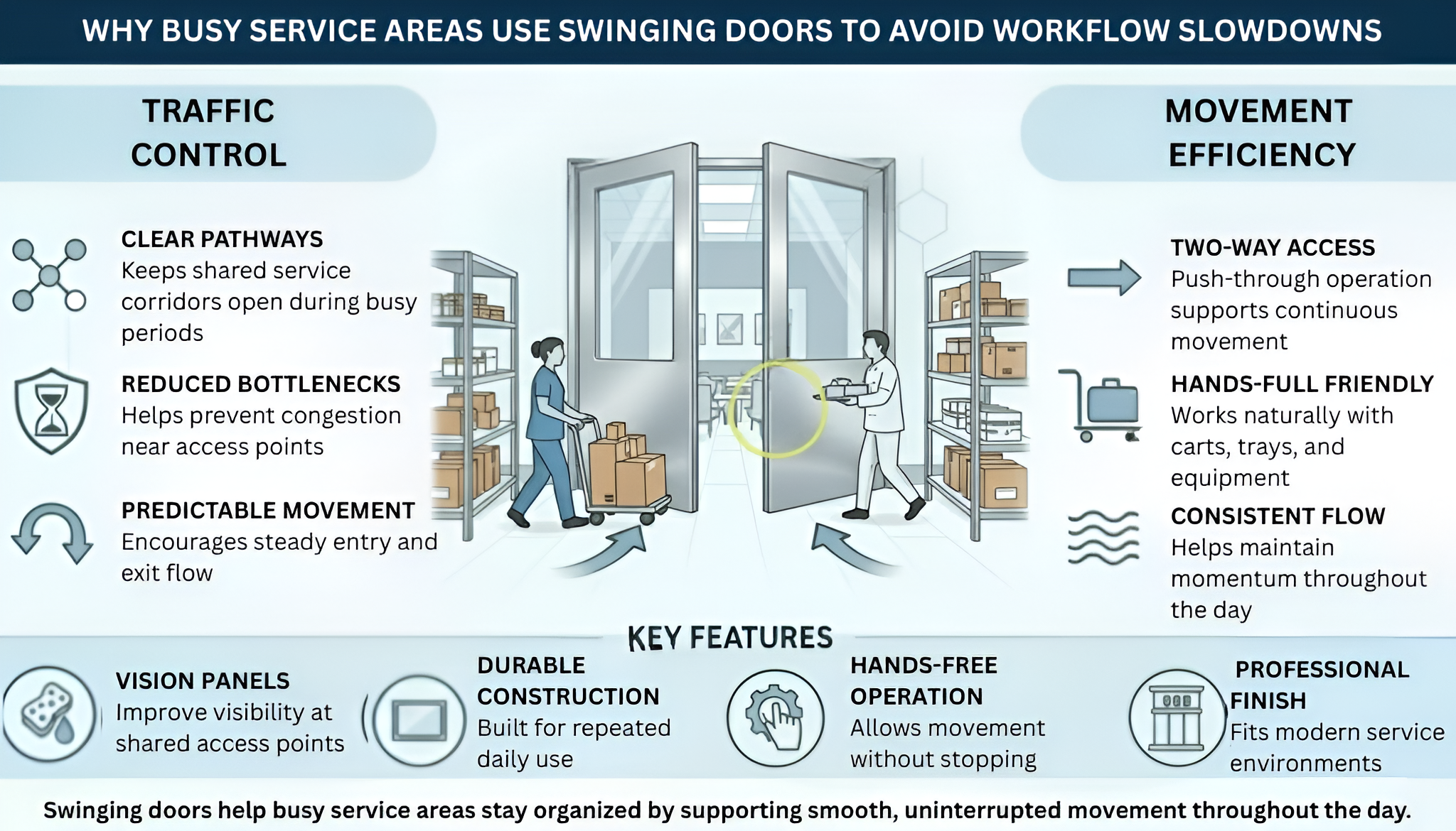 Infographic displaying a busy casino service area with retail swinging doors helping staff navigate and maintain smooth flow