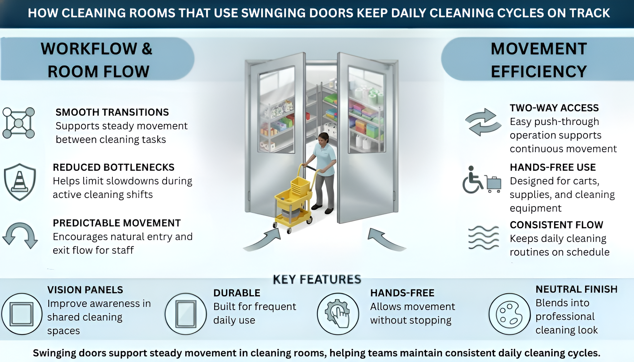 Infographic explaining how swinging doors improve workflow and movement efficiency in busy maintenance shop environments.