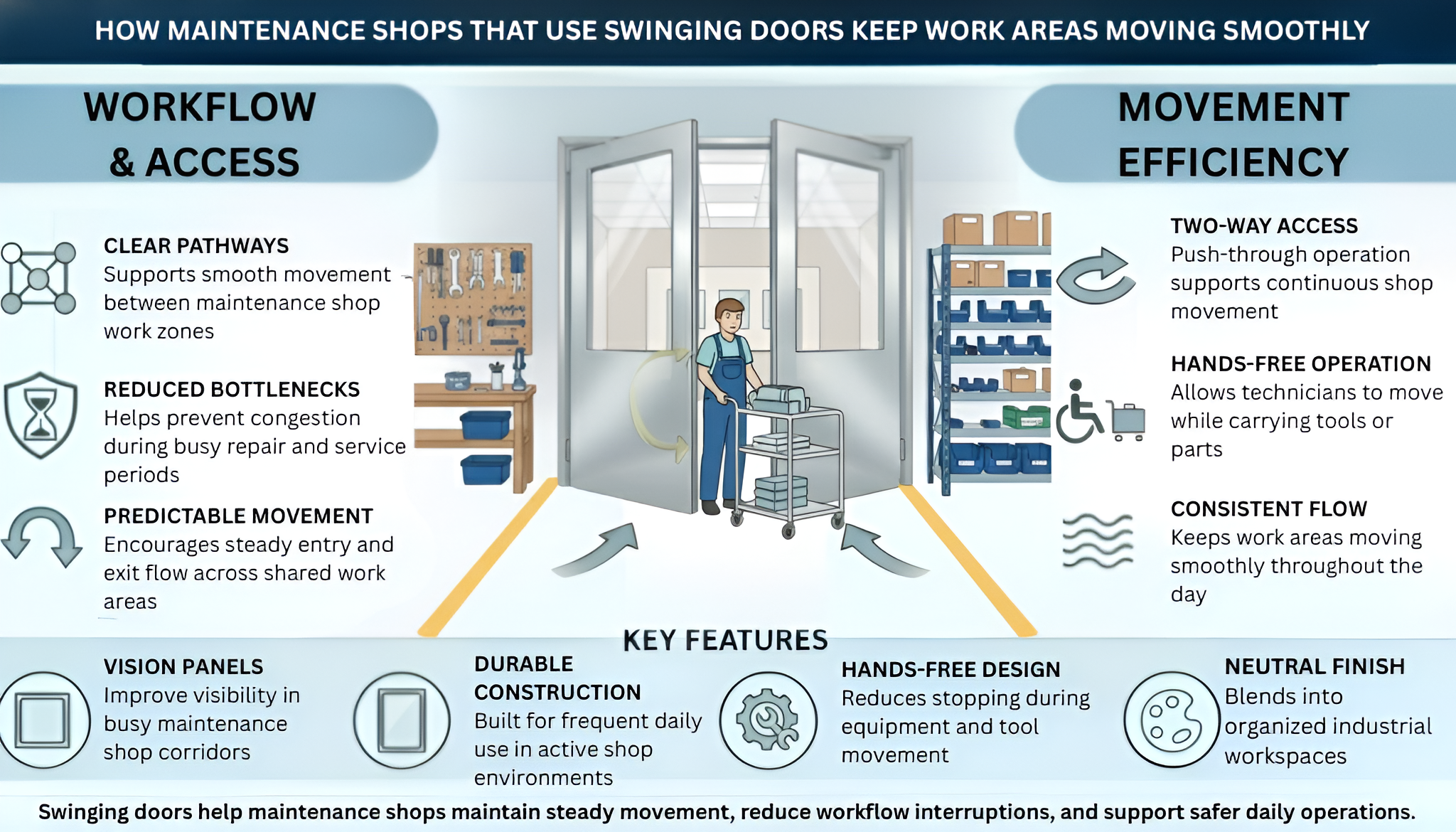 Infographic explaining how swinging doors improve workflow and movement efficiency in busy maintenance shop environments.