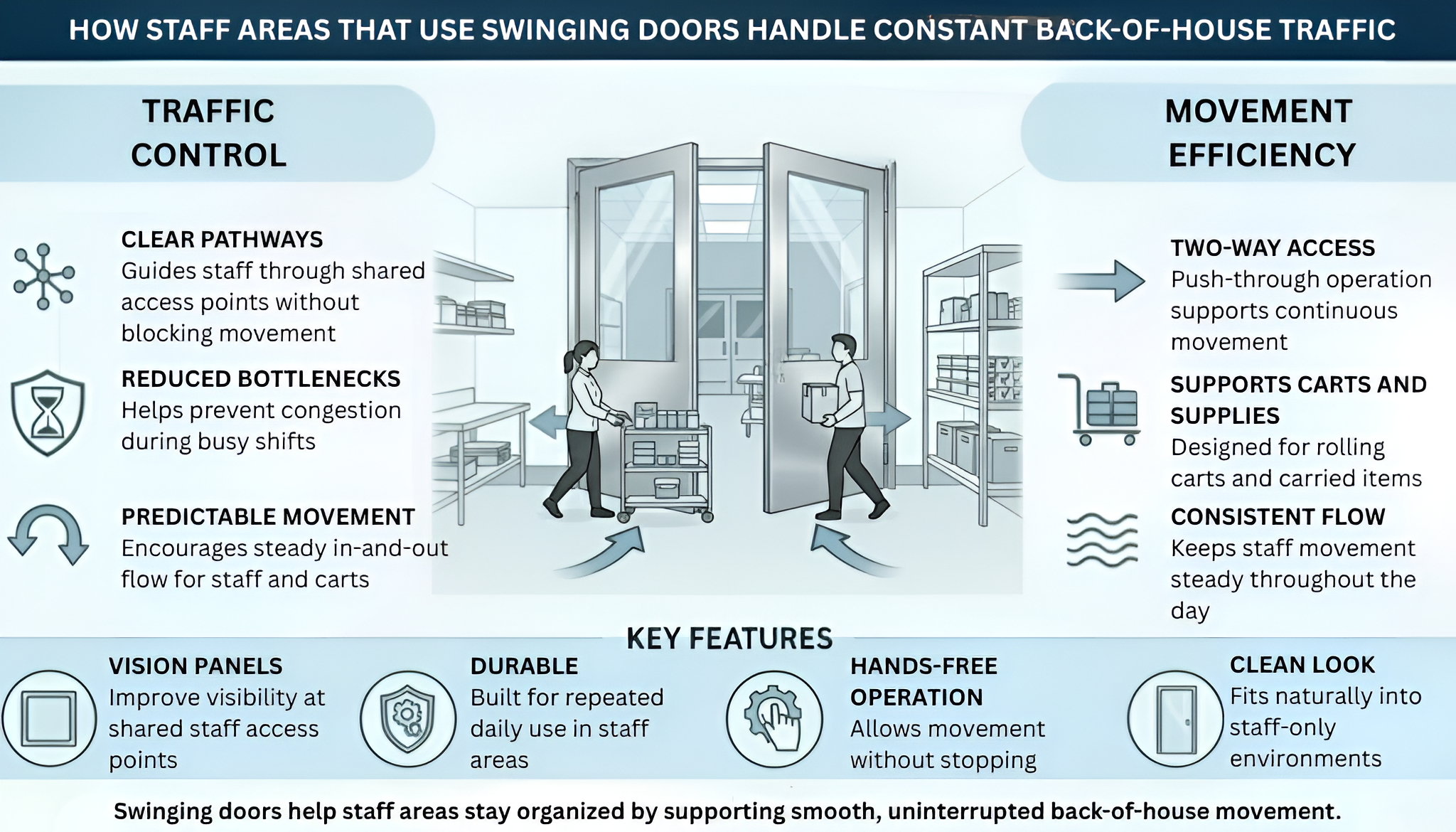 Infographic illustrating how swinging doors in staff areas support constant back-of-house traffic.