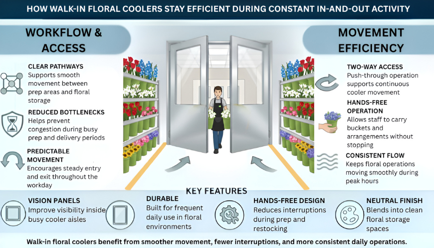 Infographic illustrating swinging doors in a walk-in floral cooler helping staff move flowers efficiently