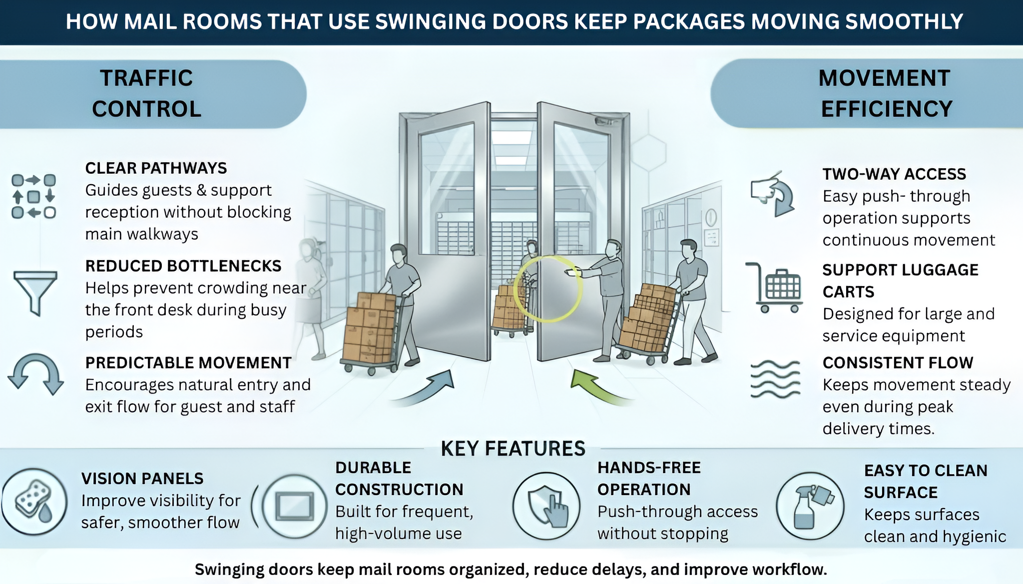Infographic showing how swinging doors improve package flow, highlighting traffic control, movement efficiency, and key features