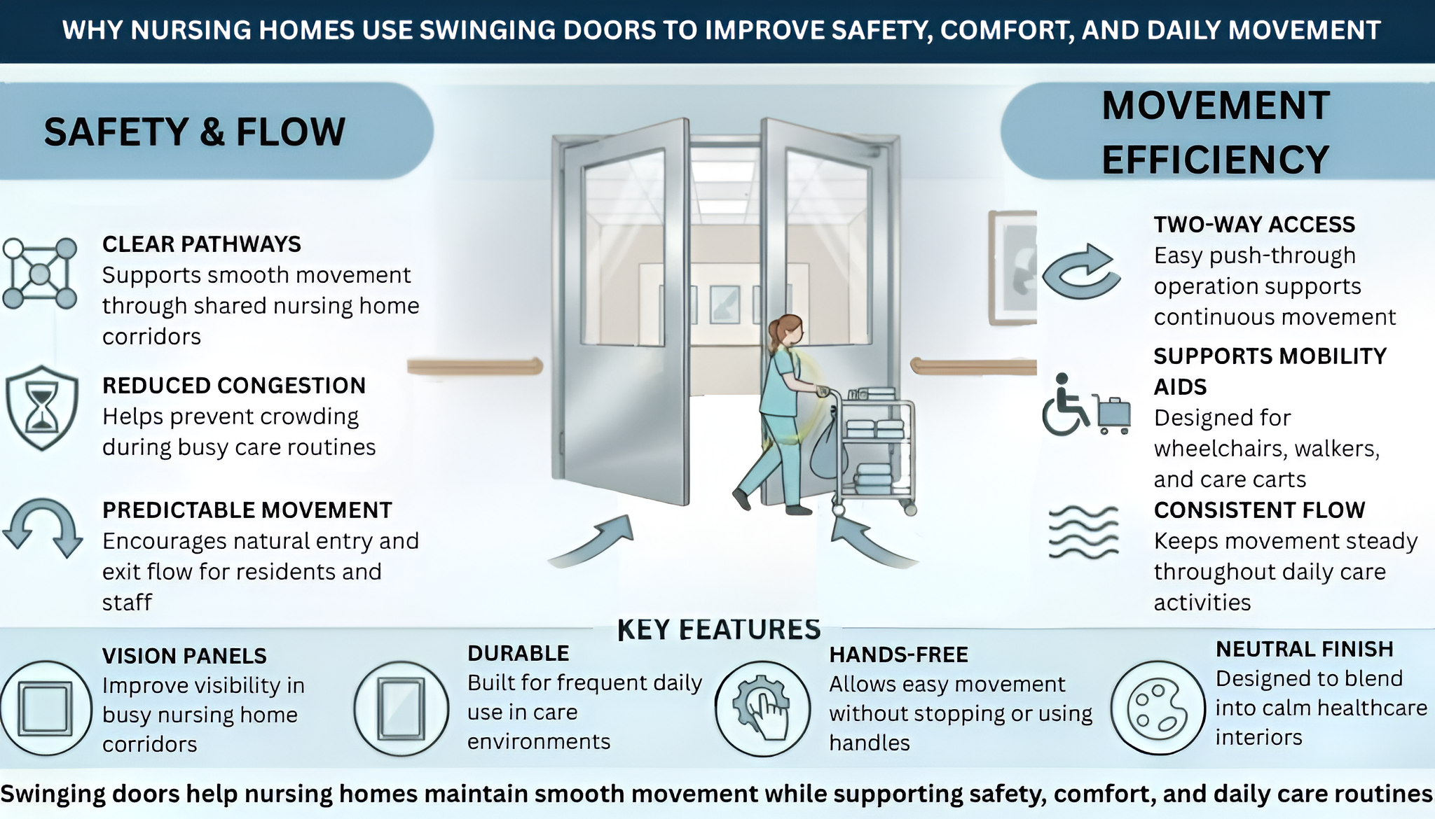 Infographic showing how swinging doors in nursing homes improve safety, comfort, and daily movements.