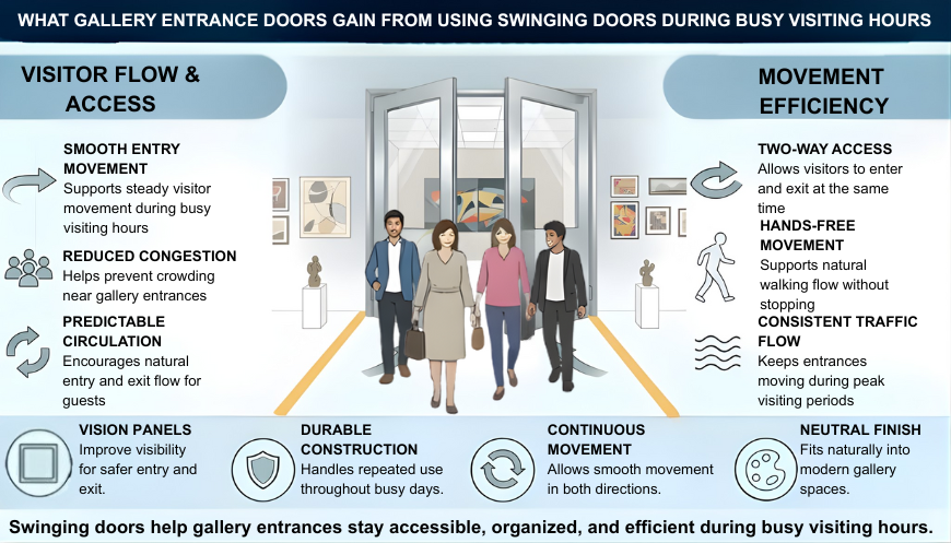 Infographic showing swinging doors at a gallery entrance supporting two-way visitor flow, hands-free movement, and reduced congestion during busy visiting hours
