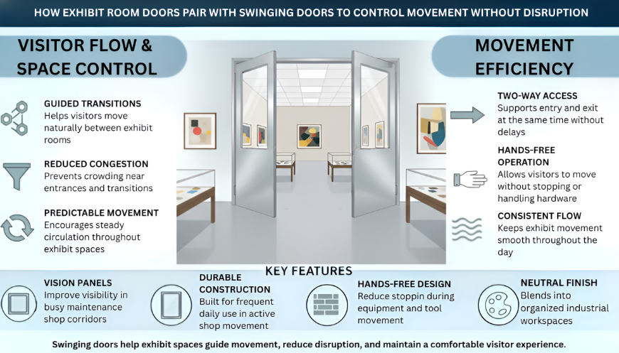 Infographic showing swinging doors at an exhibit room entrance improving visibility, predictable circulation
