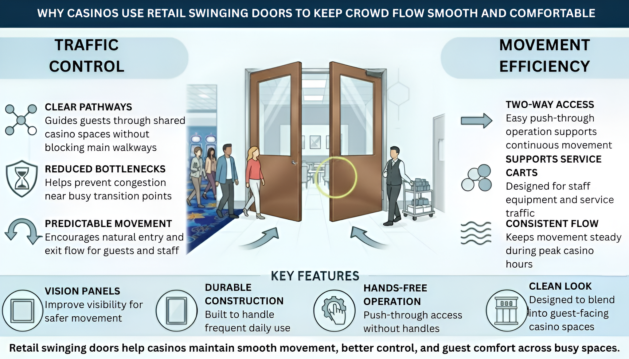 Infographic showing the layout of a casino floor with retail swinging doors to support smooth guest and staff movement.