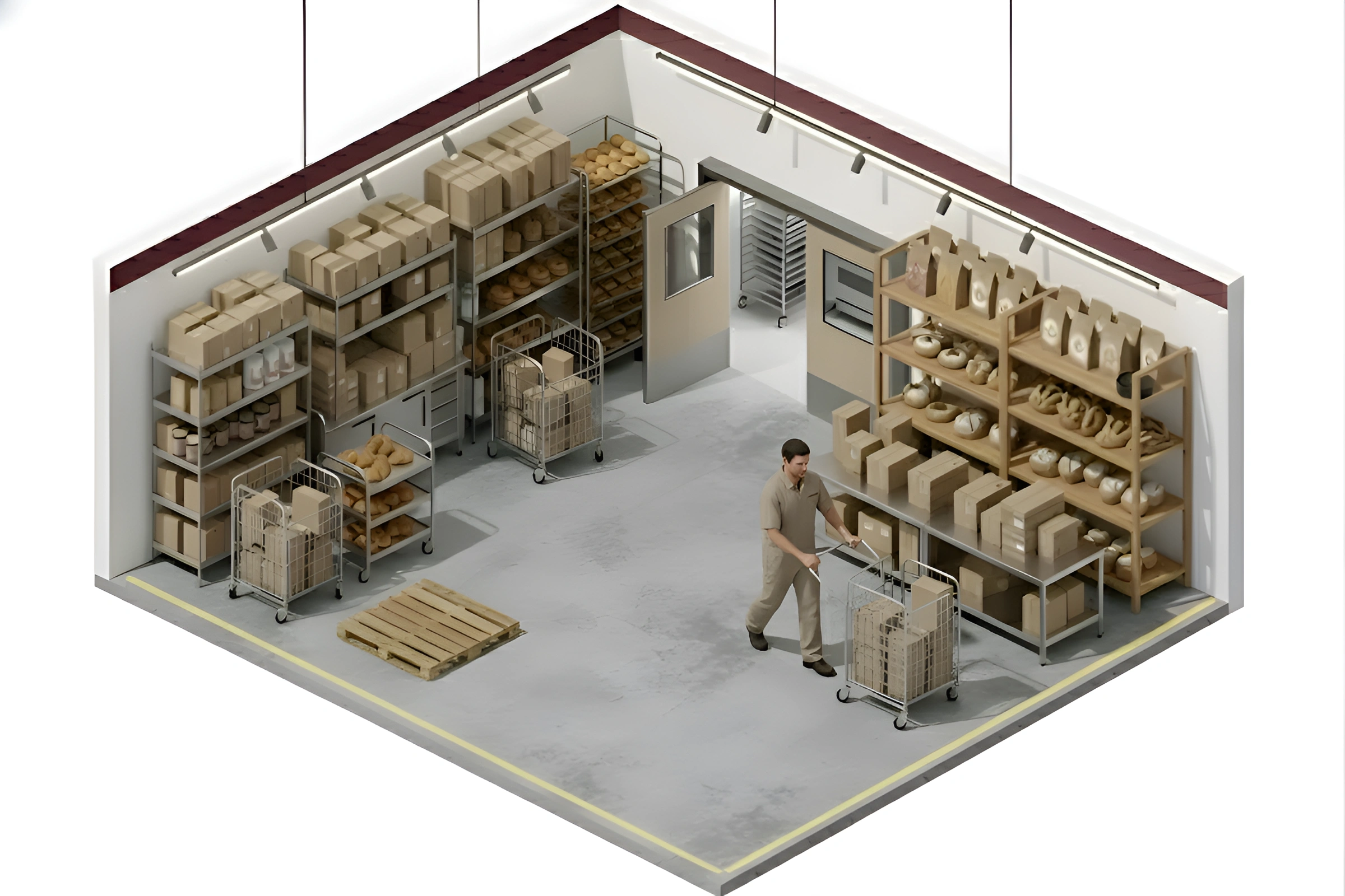 Isometric 3D view of a mail room with beige swinging door, staff moving carts, shelves with packages