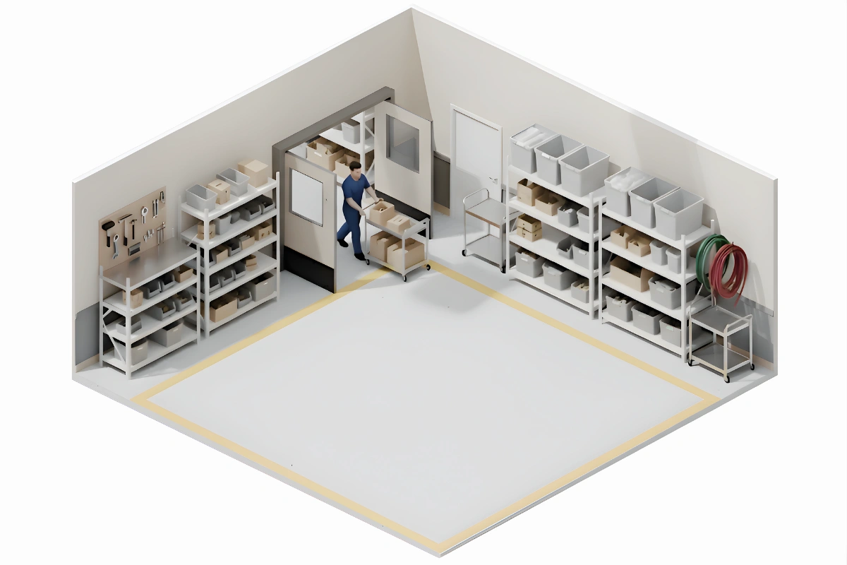 “Isometric illustration of factory room with swinging door, showing staff moving carts and organized material storage.”