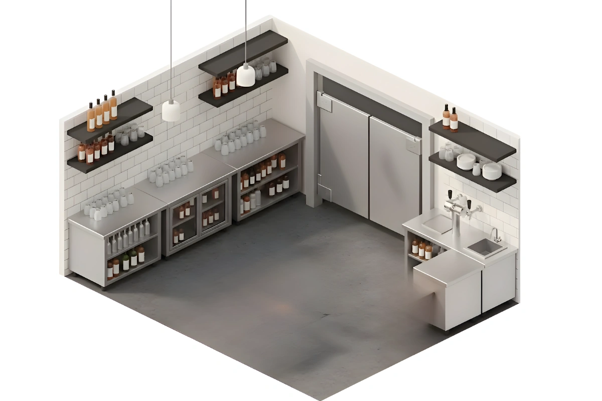 Isometric view of a bar prep area with gray swinging doors installed between front and back zones, showing workflow layout.