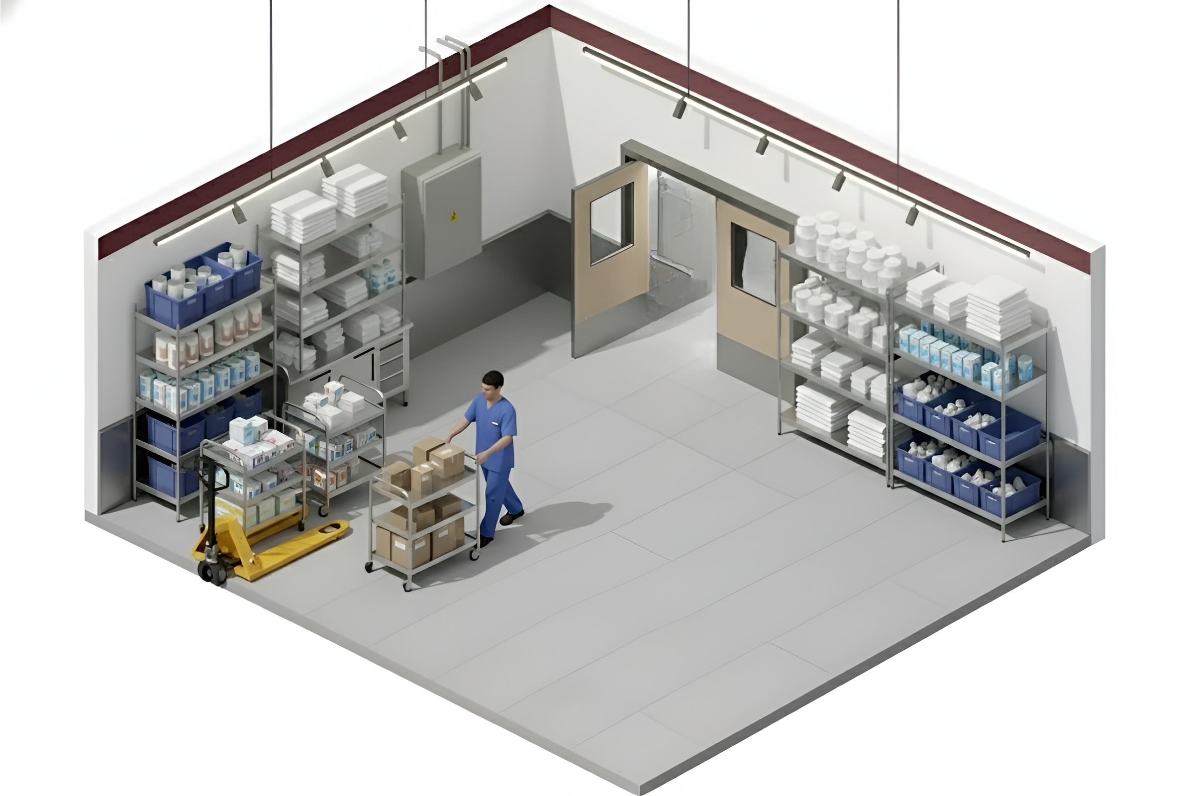Isometric view of a busy service area with carts moving through double swinging doors between storage zones