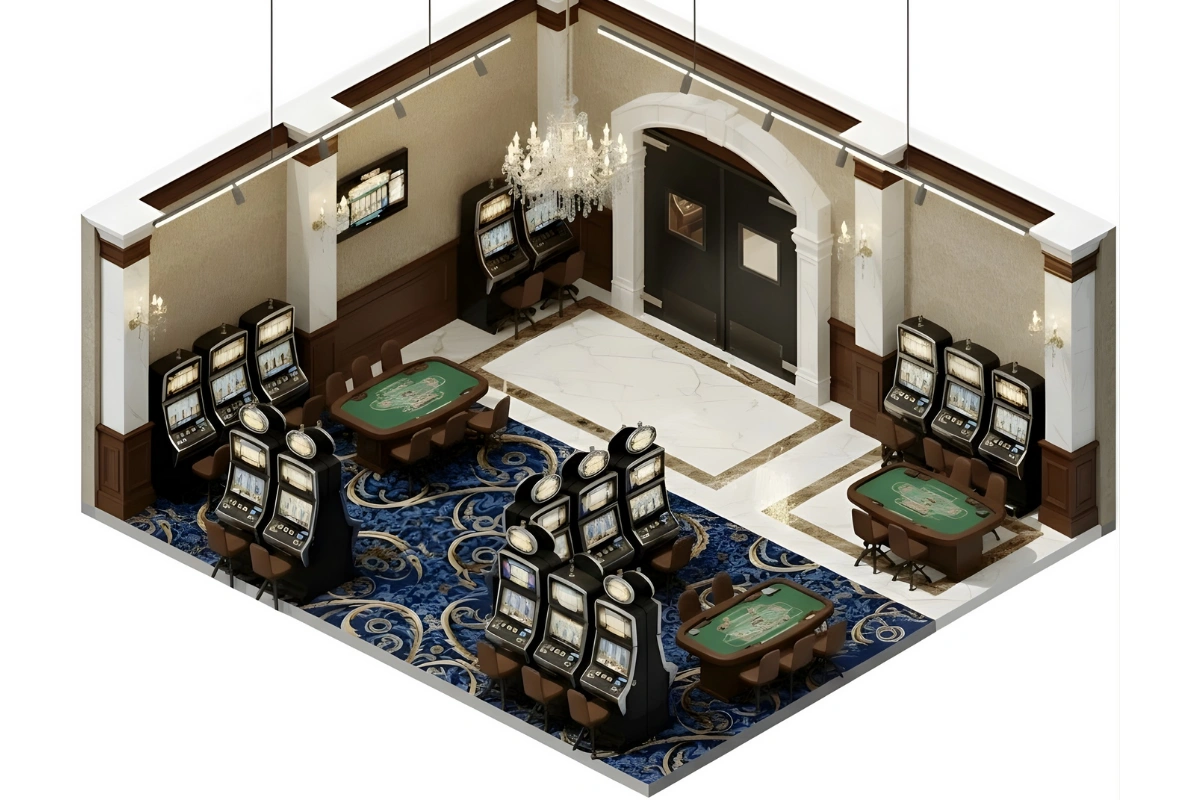 Isometric view of a casino gaming floor showing slot machines, table games, and defined walkways for smooth crowd movement.