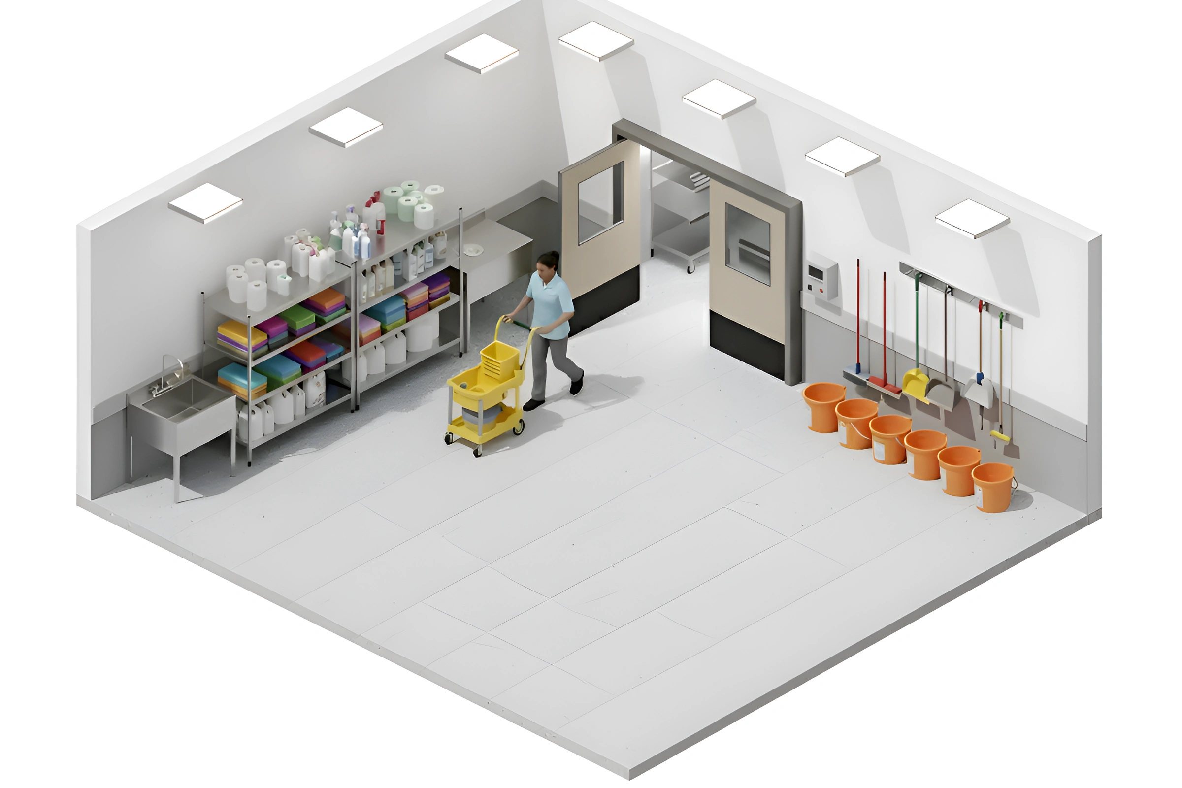 Isometric view of a cleaning room showing swinging doors supporting continuous staff movement