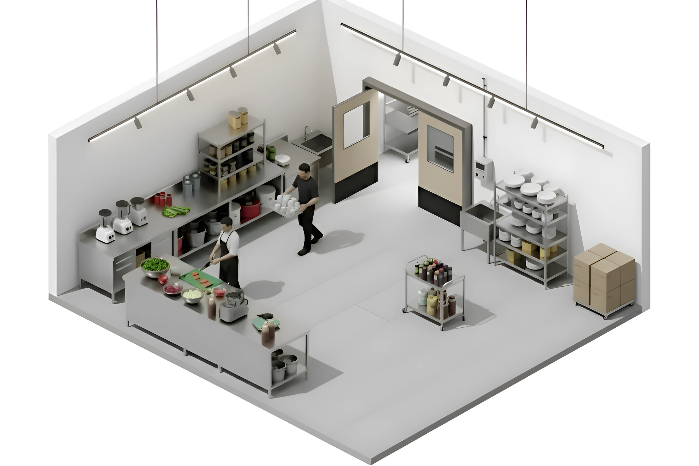 Isometric view of a commercial kitchen staff area showing swinging doors between prep and storage zones