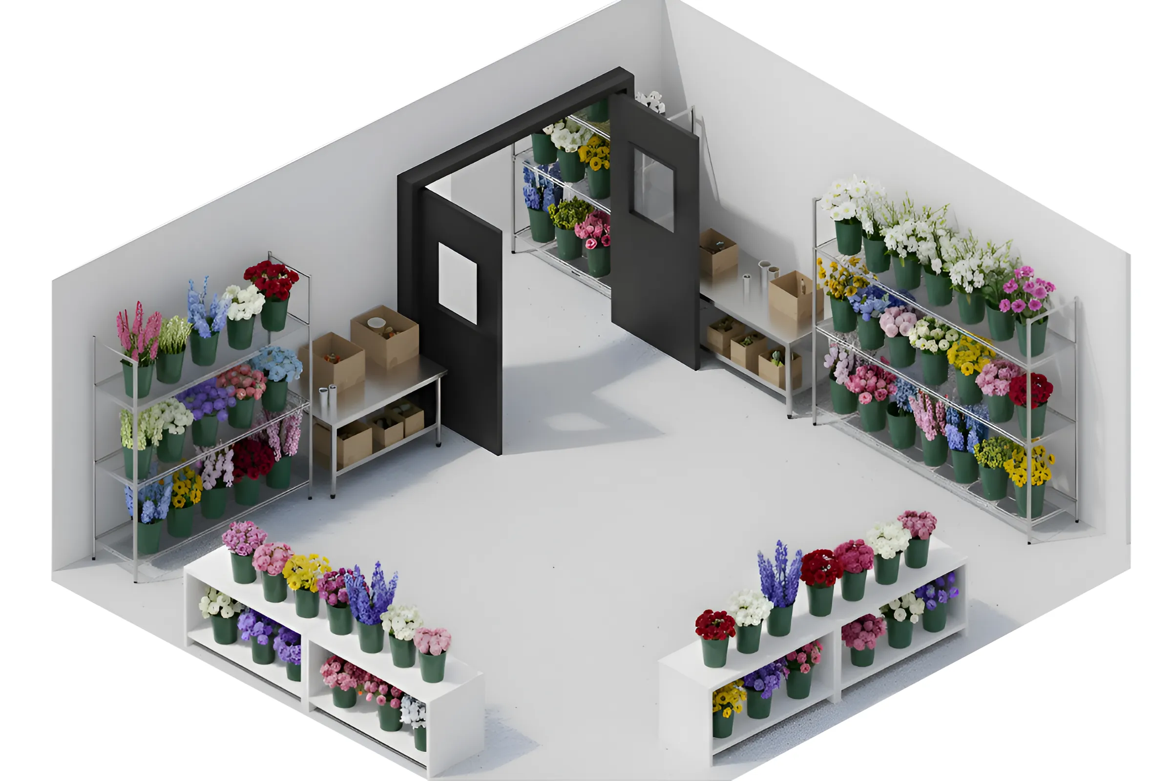 Isometric view of a floral workspace showing a walk-in cooler with swinging doors